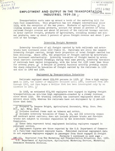Employment and output in the transportation industries, 1939-58