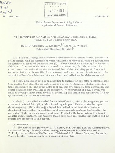 The estimation of aldrin and chlordane residues in soils treated for termite control