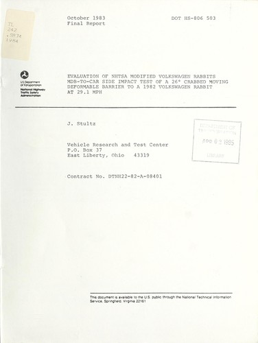 Evaluation of NHTSA modified Volkswagen Rabbits MDB-to-car side impact test of a 26©® crabbed moving deformable barrier to a 1982 Volkswagen Rabbit at 29.1 mph