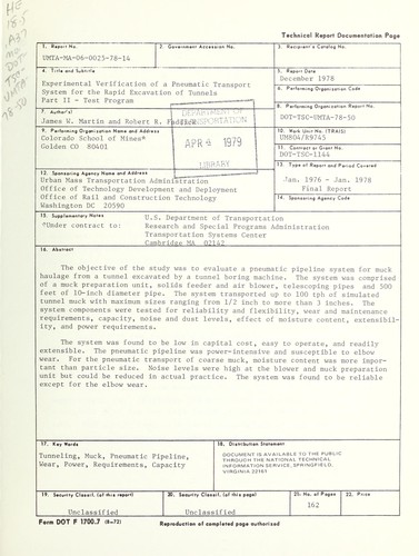 Experimental verification of a pneumatic transport system for the rapid excavation of tunnels