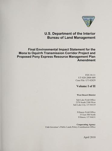 Final environmental impact statement for the Mona to Oquirrh transmission corridor project and proposed Pony Express resource management plan amendment