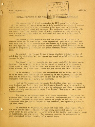 General statement on the production of dehydrated vegetables