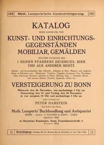 Katalog einer sammlung von kunst... mobiliar, gemälden... aus dem nachlass des Herrn pfarrers Heidhues... und aus anderem besitz