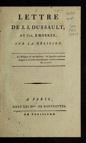 Lettre de J.J. Dussault, au cit. R¿derer, sur la religion