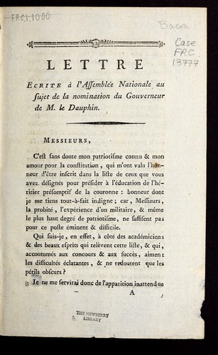 Lettre ecrite à l'Assemblée nationale au sujet de la nomination du gouverneur de M. le Dauphin