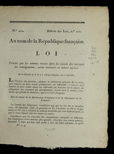 Loi portant que les sommes verse es dans les caisses des receveurs des consignations, seront restitue es en me mes espe  ces