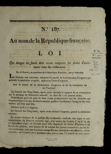 Loi qui de signe les fonds dont seront compose s les droits d'assistance dans les tribunaux