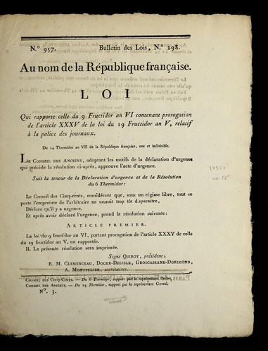 Loi qui rapporte celle du 9 fructidor an VI contenant prorogation de l'article XXXV de la loi du 19 fructidor an V, relatif a   la police des journaux