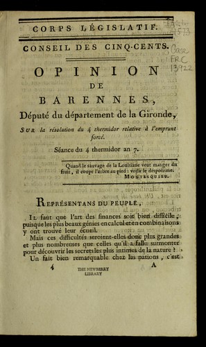 Opinion de Barennes, député du département de la Gironde, sur la résolution du 4 thermidor relative à l'emprunt forcé