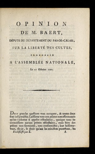 Opinion de M. Baert, député du département du Pas-de-Calais, sur la liberté des cultes