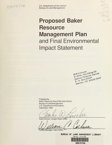 Proposed Baker resource management plan and final environmental impact statement