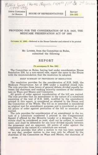 Providing for the consideration of H.R. 2425, the Medicare Preservation Act of 1995