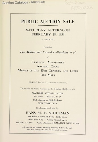 Public auction sale featuring the Millan and Fuseni collections et al of classical antiquities ...