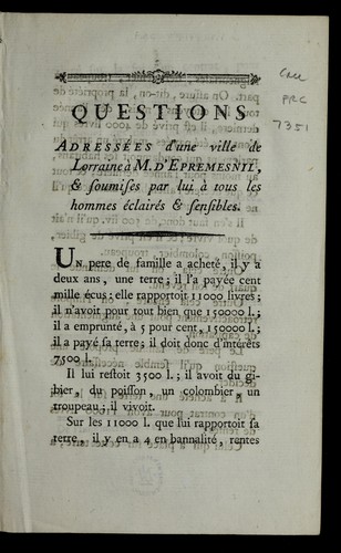 Questions adresse es d'une ville de Lorraine a   M. d'Epremesnil, & soumises par lui a   tous les hommes e claire s & sensibles