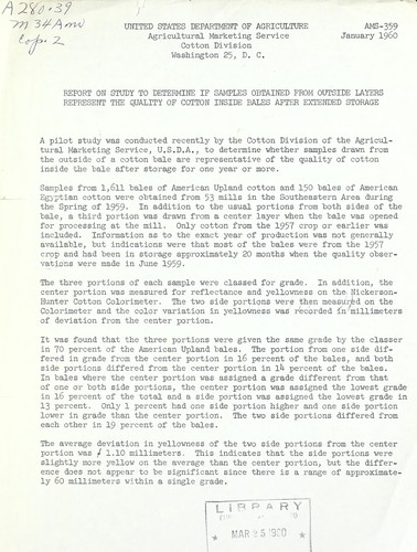 Report on study to determine if samples obtained from outside layers represent the quality of cotton inside bales after extended storage