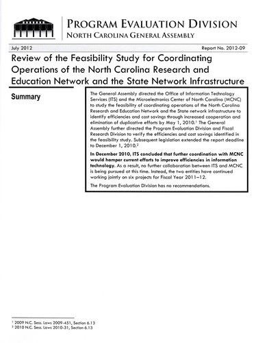 Review of the feasibility plan for coordinating operations of the North Carolina research and education network and the state network infrastructure