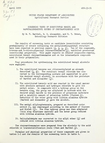 Screening tests of substituted benzyl and naphthalenemethyl esters of chrysanthemumic acid