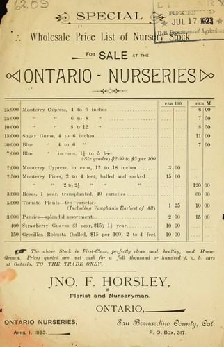 Special wholesale price list of nursery stock for sale at the Ontario Nurseries