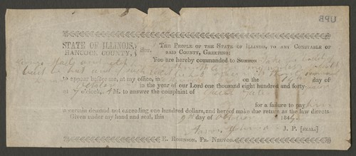 State of Illinois, Hancock County, SCT. The people of the State of Illinois, to any constable of said county, greeting ...