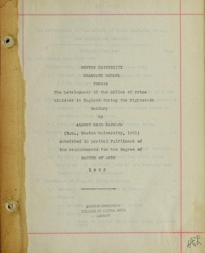 (The) development of the office prime minister in England during the eighteenth century ..