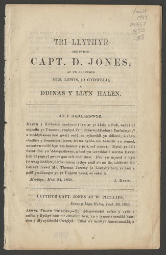 Tri llythyr oddiwrth Capt. D. Jones, ac un oddiwrth Mrs. Lewis (o Gydweli), o Ddinas y Llyn Halen