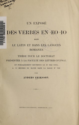 Un expose des verbes EN-EO-IO dans le Latin et dans les langues romanes