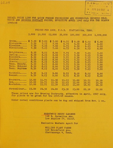 Retail price list for quick freeze processors and commercial growers only .. effective April 1947, only for the season 1947-48