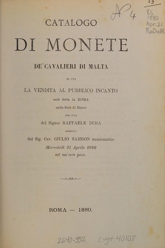 Catalogo di monete de'Cavalieri di Malta