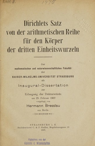 Dirichlets Satz von der arithmetischen Reihe für den Körper der dritten Einheitswurzeln