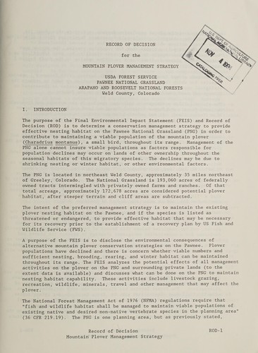 Record of decision for the mountain plover management strategy