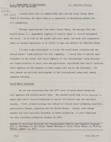 Remarks by Assistant Secretary for International Affairs and Commodity Programs, Dale E. Hathaway