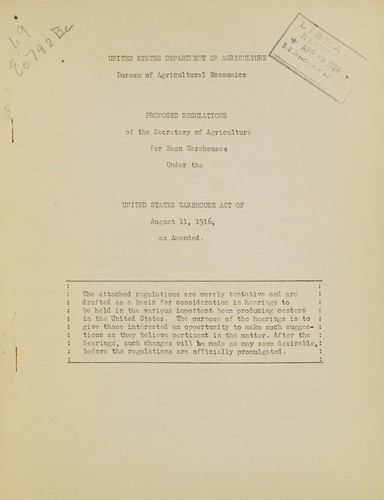 Proposed regulations of the Secretary of Agriculture for bean warehouses under the U.S. Warehouse Act of August 11, 1916, as amended