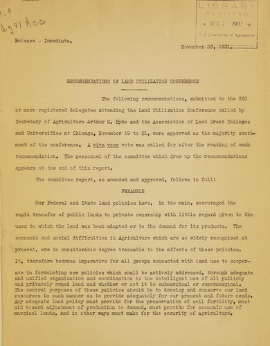 Recommendations of land utilization conference. November 23, 1931