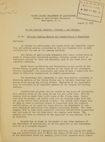 To the canning industry, brokers and grocers, in re Official grading service for canned fruits & vegetables