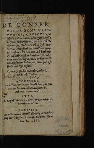 De conservanda bona valetudine, opusculum scholae Salernitanae, ad regem Angliae versibus conscriptum