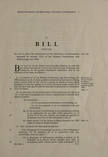 Human Fertilisation and Embryology (Disclosure of Information) Bill 1992
