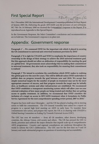 HIV/Aids And the Provision of the Anti-retroviral Government Response to the Committee's First Report of Session 2005-06 First Special Report of Session 2005-06