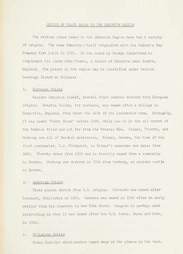 Origin of place names in the Edmonton region