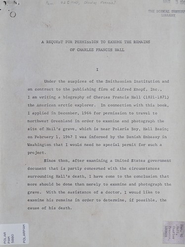 A request for permission to exhume the remains of Charles Francis Hall