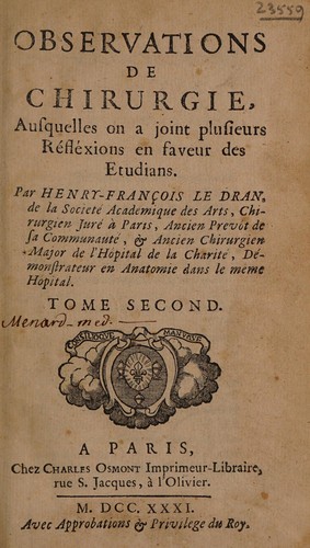 Observations de chirurgie, ausquelles on a joint plusieurs réfléxions en faveur des Etudians