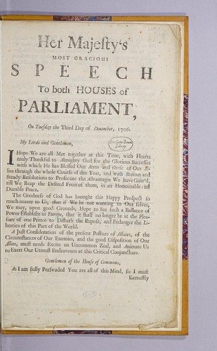 Her Majesty's most gracious speech to both houses of Parliament, on Tuesday the third day of December, 1706..