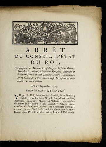 Arre t du Conseil d'e tat du roi, qui supprime un Me moire a   consulter pour les Sieurs Gerard, Rougelin & consorts, marchands e pingliers, merciers & tabletiers, contre le Sieur Chevalier Duboys, commandant de la Garde de Paris