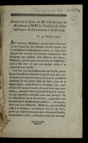 Copie de la lettre de M. l'archeve que de Bordeaux, a   MM. les Pre sident & administrateurs du de partement de la Gironde