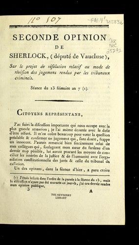 Seconde opinion de Sherlock, (de pute  de Vaucluse), sur le projet de re solution relatif au mode de re vision des jugemens rendus par les tribunaux criminels
