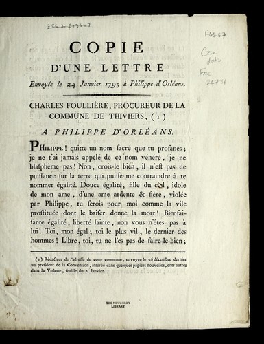 Copie d'une lettre envoye e le 24 janvier 1793 a   Philippe d'Orle ans