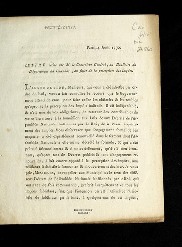 Lettre e crite par M. le contro leur-ge ne ral, au directoire du de partement du Calvados, au sujet de la perception des impo ts
