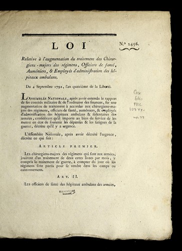 Loi relative a   l'augmentation du traitement des chirurgiens-majors des re gimens, officiers de sante , aumo niers, & employe s d'administration des ho pitaux ambulans