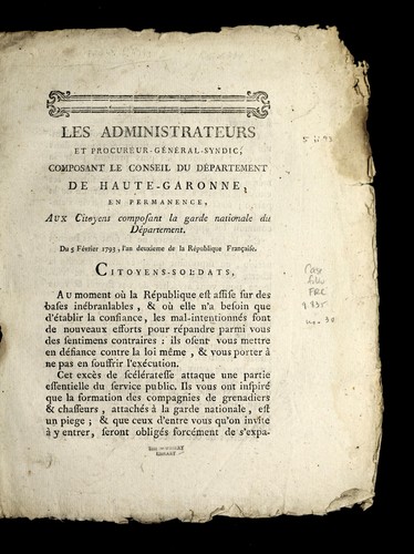 Les administrateurs et procureur-ge ne ral-syndic, composant le conseil du de partement de Haute-Garonne, en permanence, aux citoyens composant la garde nationale du de partement