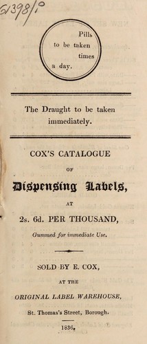 Cox's catalogue of dispensing labels, at 2s. 6d. per thousand, gummed for immediate use