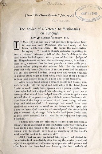 The advice of a veteran to missionaries on furlough ...